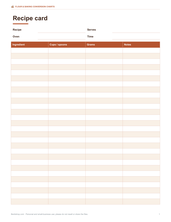 Preview of Printable Flour Conversion Chart Recipe Card